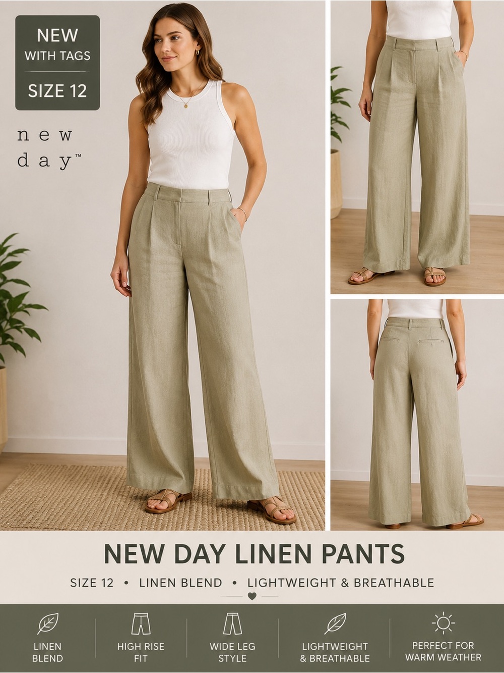 A New Day Linen Blend Wide Leg Pants Size 12 NWT High Rise